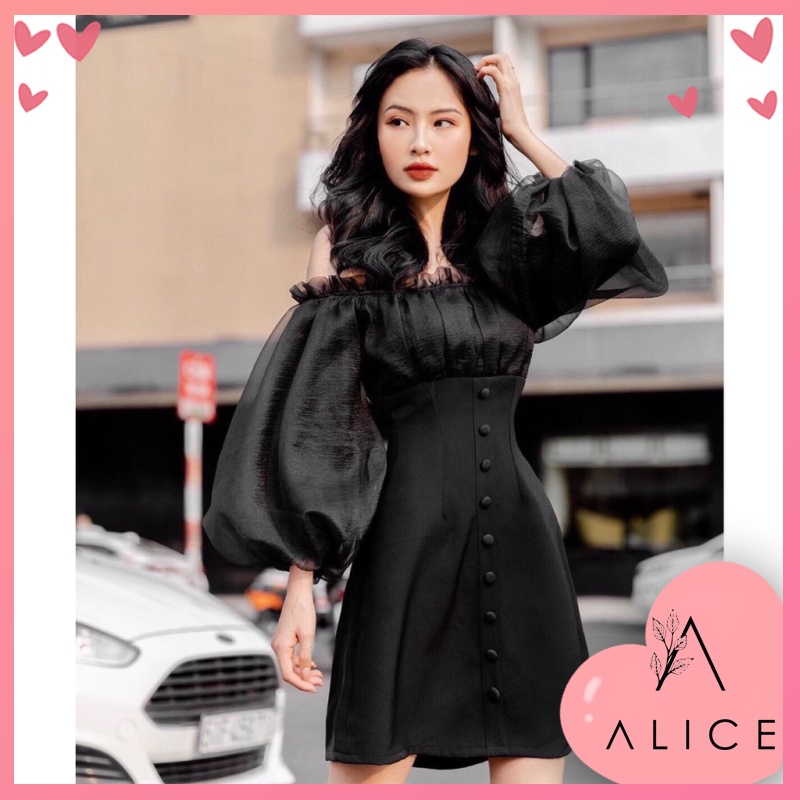 ĐẦM TRỄ VAI TAY PHỒNG NÚT 2 MÀU TRẮNG ĐEN dự tiệc đầm trắng bigsize giá rẻ size lớn lady