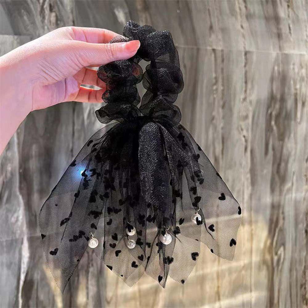 Dây Buộc Tóc Cao Su Co Giãn Bọc Vải Lưới Hình Trái Tim Cho Nữ