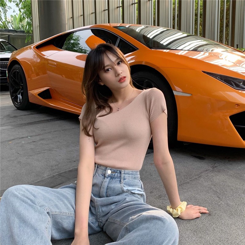 Áo Dệt Kim Ngắn Tay Cổ Chữ V Màu Trơn Thời Trang Dành Cho Nữ | BigBuy360 - bigbuy360.vn