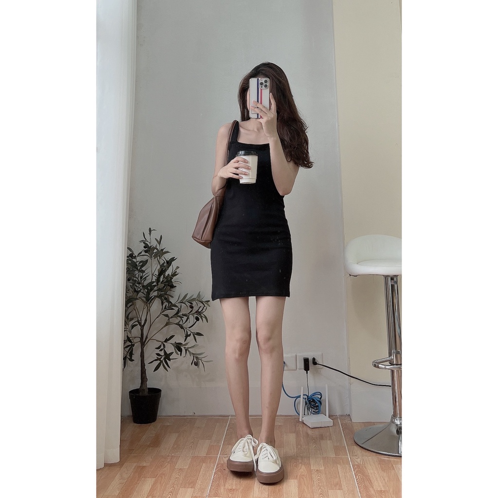 Đầm 2 Dây Bozip Cổ Vuông PEONYB Nữ [FREESHIP] 🌸 Váy body dáng ôm màu đen, thun kiểu trẻ trung cá tính Ulzzang 🌸 | BigBuy360 - bigbuy360.vn