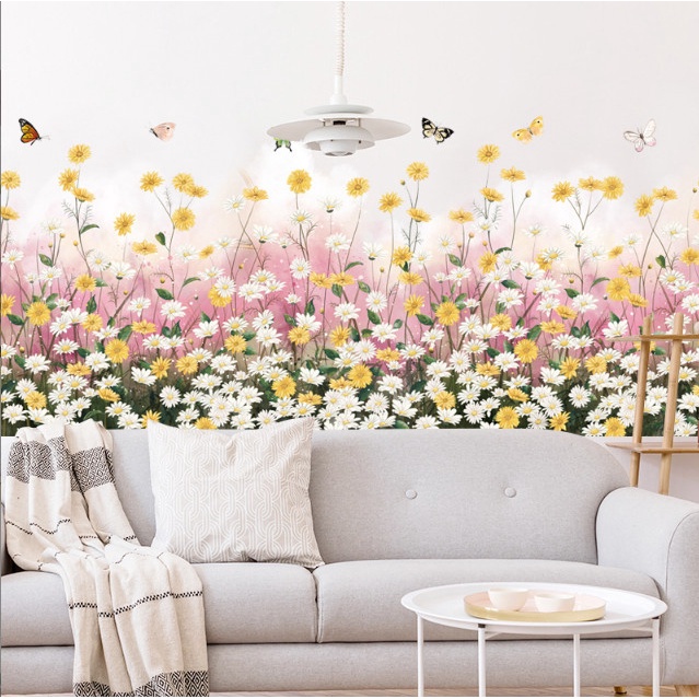 Decal trang trí tường - Chân tường hoa cúc trắng và hoa cúc vàng