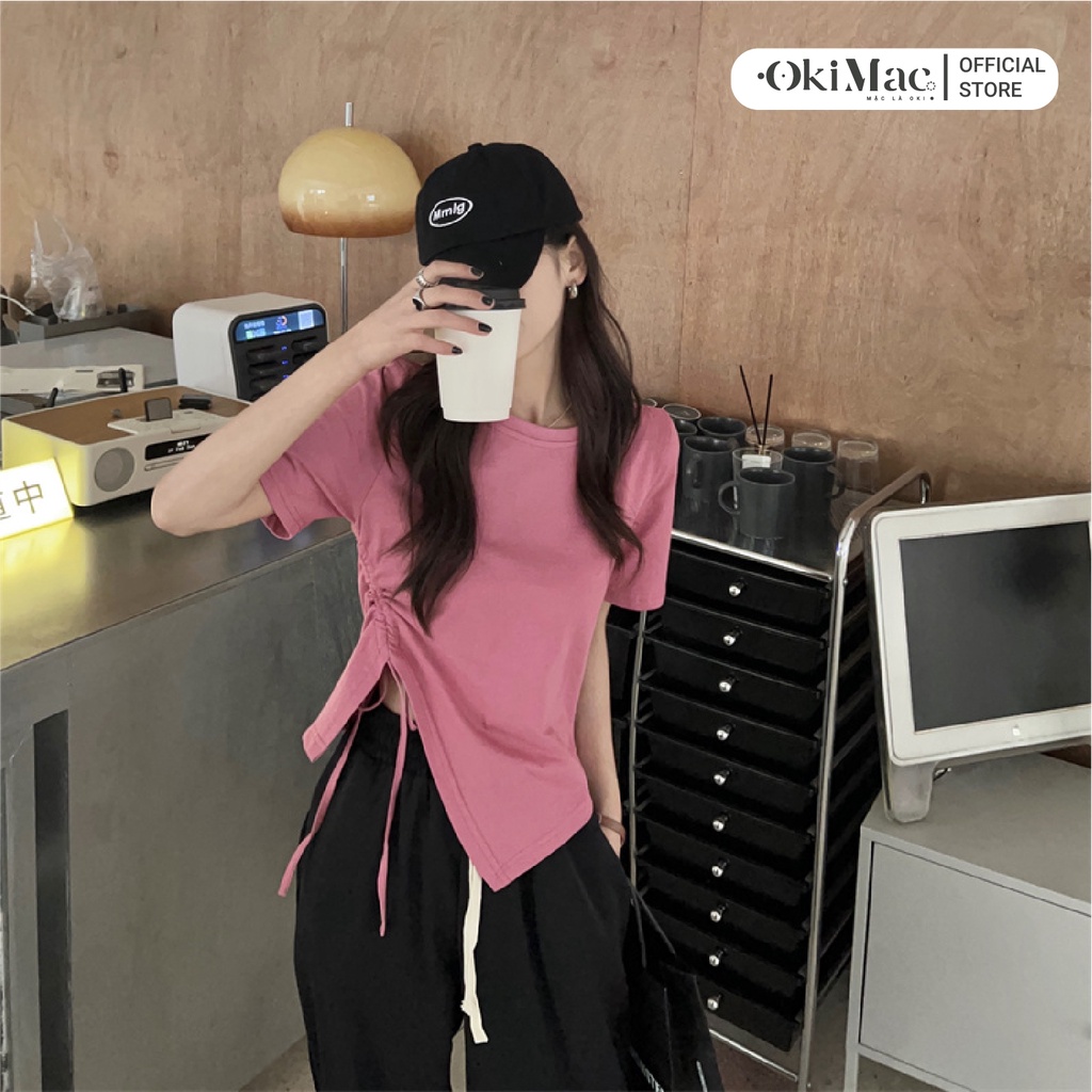 Áo thun nữ OKIMAC tay ngắn cổ tròn tay ngắn rút eo vạt nhọn thun cotton phong cách ulzzang thời trang nữ