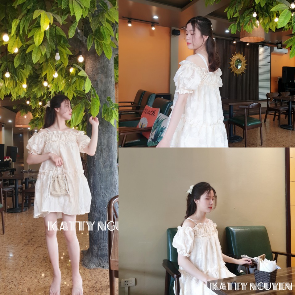 Đầm thiết kế dáng babydoll trễ vai KT216 (Tặng cài áo)