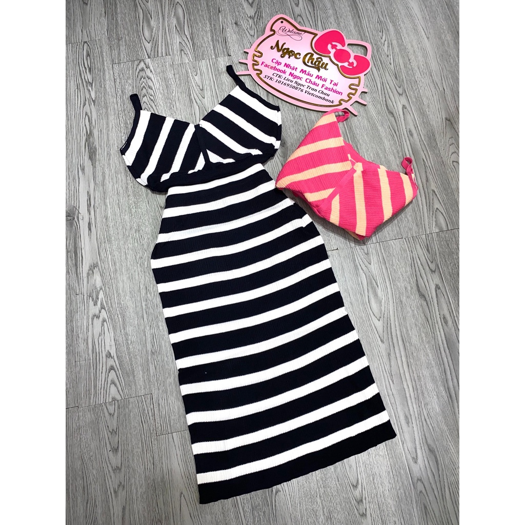 Set Váy Áo Monterghi Hai Dây Kẻ Sọc Hồng len tăm loại 1, tôn da tôn dáng dự tiệc