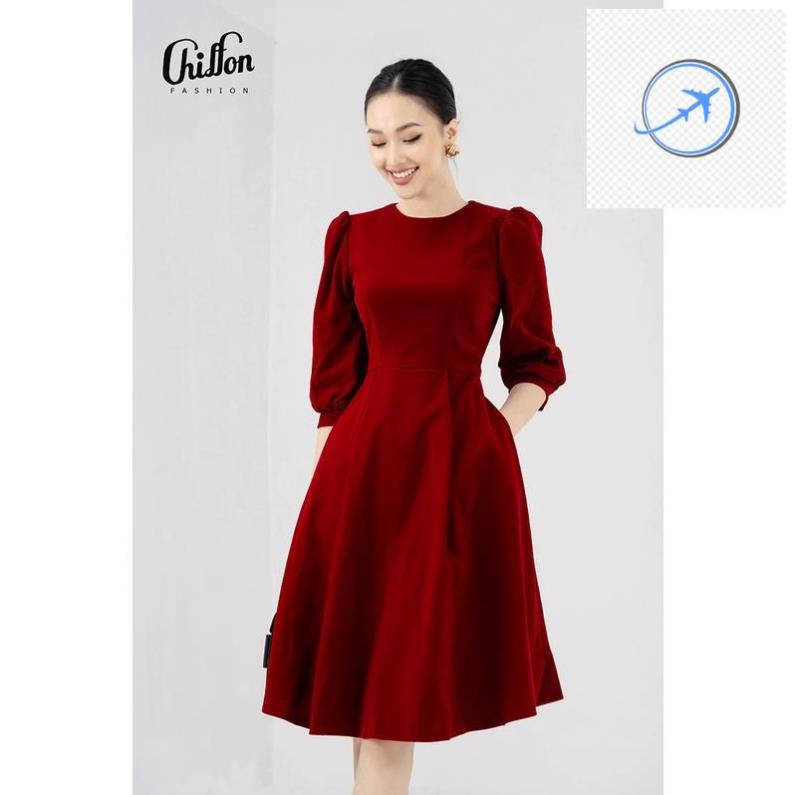 Váy nhung công sở nữ dáng xòe tay bồng thiết kế Chiffon