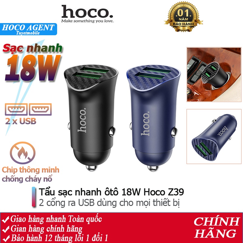 Tẩu sạc nhanh Hoco Z39 công suất 18W QC3.0 gồm 2 cổng dùng trên ôtô - Chính hãng