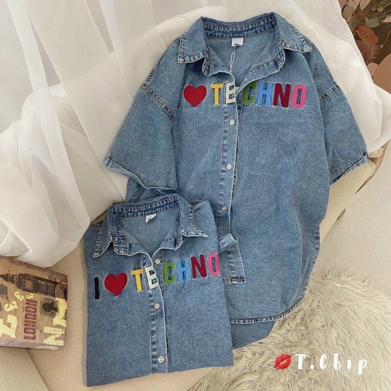Áo  sơ mi Jean nữ cộc tay form rộng. áo bò nữ tay ngắn có túi ngực free Size 45>>60 kg | BigBuy360 - bigbuy360.vn