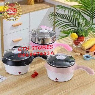 Nồi lẩu điện mini 2 tầng đa năng chống dính 18cm Tặng xửng hấp+Chai Thủy tinh đựng nước, Ca nấu mì nấu lẩu [CHÂN CẮM 2 C