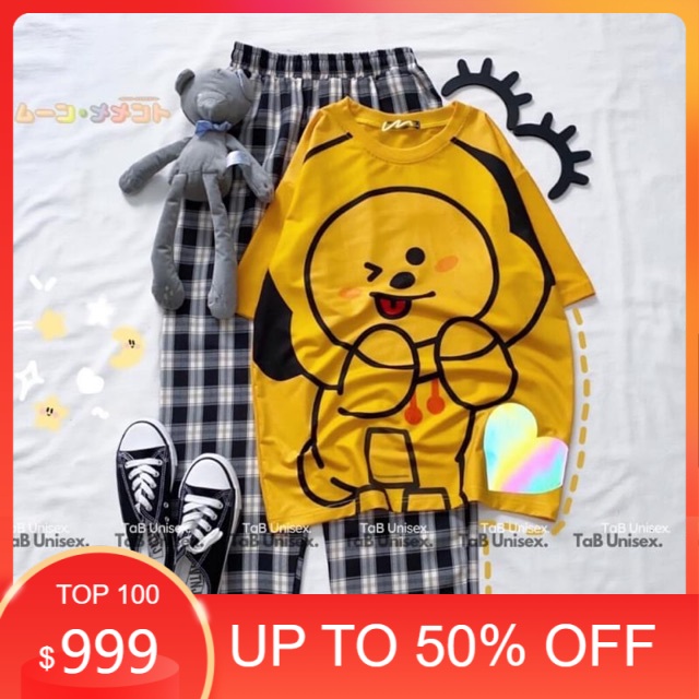 Sét áo BT21 vàng + quần kẻ đen , Áo thun nam nữ, quần kaki, quần nữ, sét bộ mặc ở nhà MODY