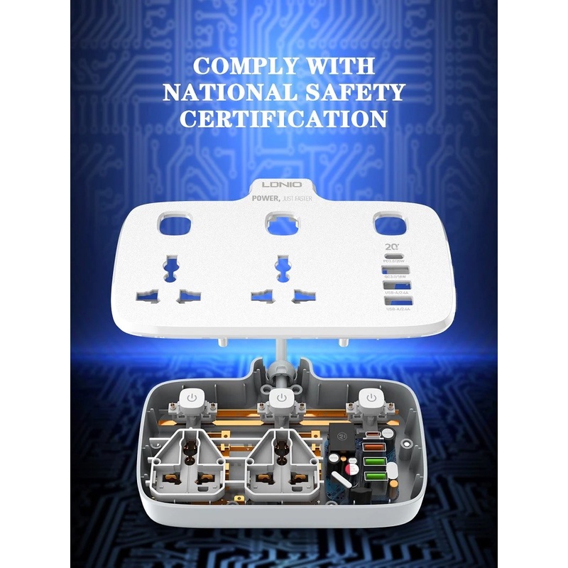 Ổ cắm điện LDNiO SC2413, 2 lỗ cắm  + 3 USB , sạc nhanh PD & QC 3.0, đầu ghim EU 2 chấu tròn - Hàng nhập khẩu