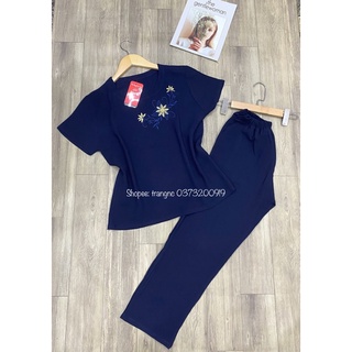 Đồ bộ mặc nhà trung niên nữ vải đũi quần dài áo cộc tay làm quà tặng mẹ cao cấp