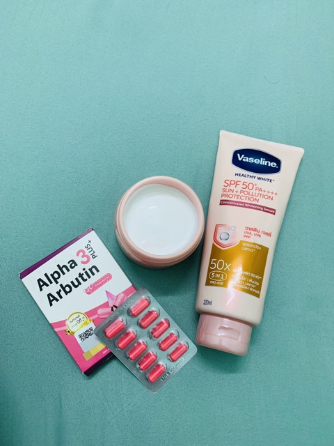 Combo trắng da vaseline 50x và vĩ kích trắng alpha arbutin thái lan