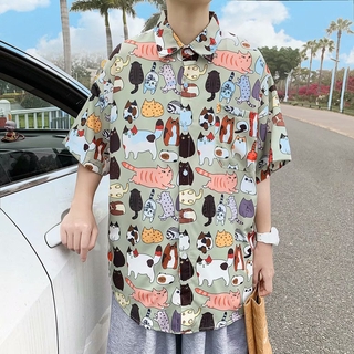 Áo Sơ Mi Ngắn Tay In Hình Mèo Ngộ Nghĩnh Thời Trang Nam