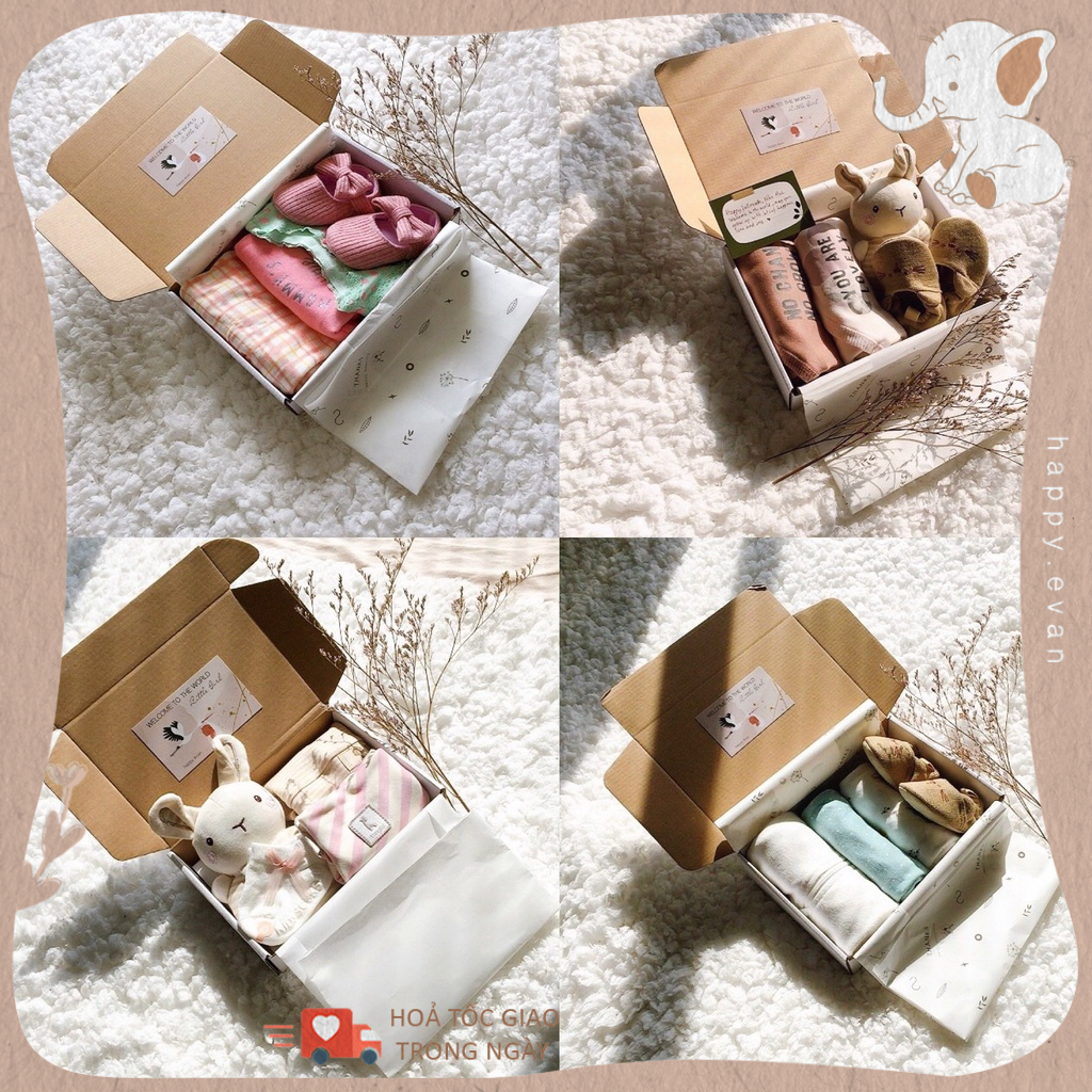 [Tặng đầy tháng] Set quà 4 món phối sẵn tặng bé đầy tháng, size 0-3 tháng (3-6kg), miễn phí gói quà viết thiệp
