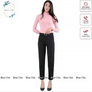Quần baggy nữ Blue Chic cạp cao vải Vitek cao cấp đồ công sở đai ô vuông form dáng đẹp màu đen