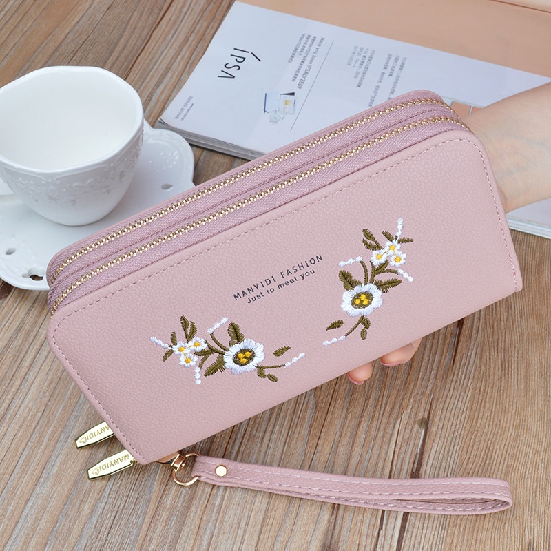 Ví Dài Hai Ngăn Sức Chứa Lớn Có Khóa Kéo Thêu Họa Tiết Thời Trang Cho Nữ