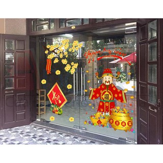Decal trang trí cửa kính tường tết thần tài đến có sẵn keo PK643