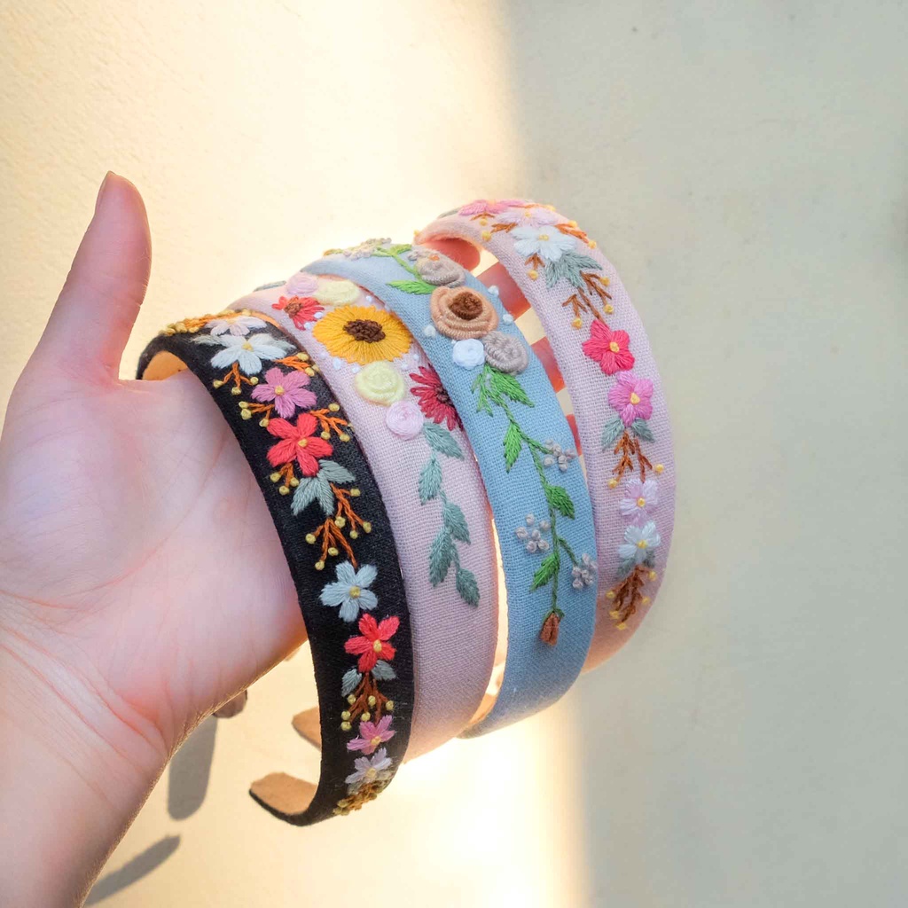 Bờm tóc linen handmade, băng đô tóc thêu tay thủ công bản 2.5cm