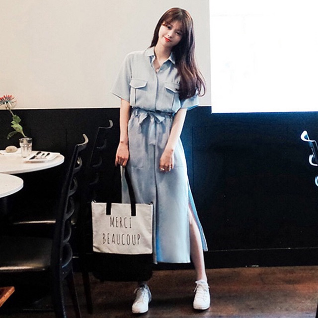 ĐẦM SƠ MI TÚI NẮP XẺ TÀ RÚT EO STYLE CÔNG SỞ HÀNG KOREA CHUẨN FORM 👗👗👗
