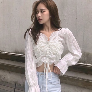 Áo croptop tay dài dây rút bèo nhún cực xinh