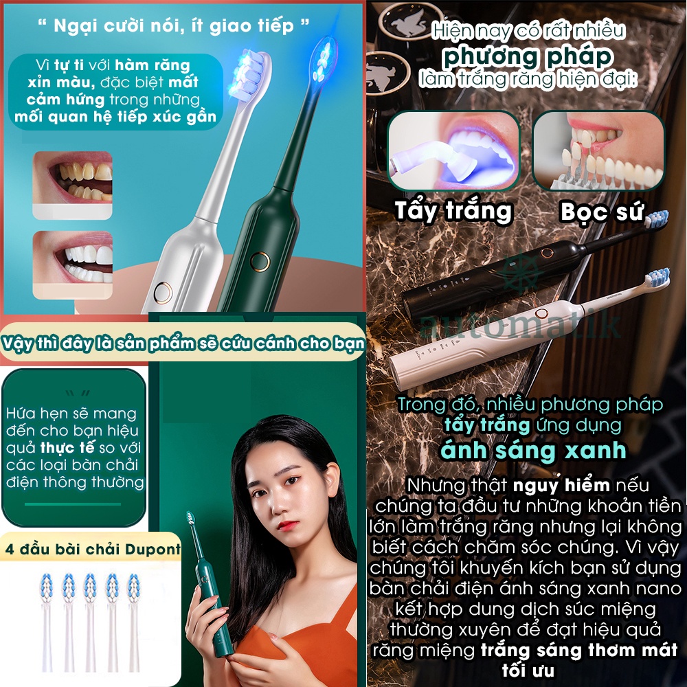 [Ánh Sáng Xanh] Bàn Chải Điện Đánh Răng Tự Động Công Nghệ Sóng Âm, Lông Mềm Mại, Chải Sạch Sâu 4 Chế Độ  - Automatik