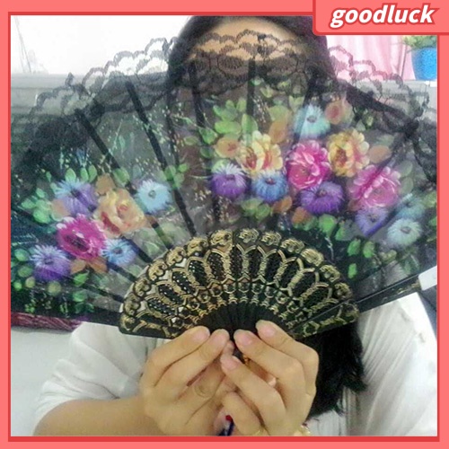 Quạt xếp cầm tay vải ren hoa phong cách Tây Ban Nha