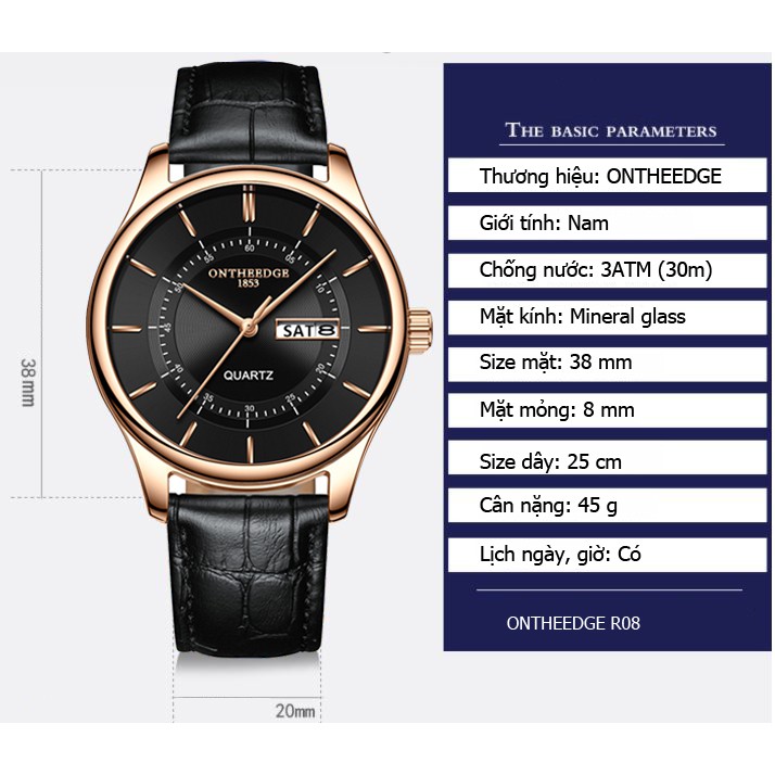 (NEW) Đồng hồ nam Ontheedge R08 full box có lịch thứ ngày dây da cao cấp + Tặng 2 viên pin Nhật | BigBuy360 - bigbuy360.vn