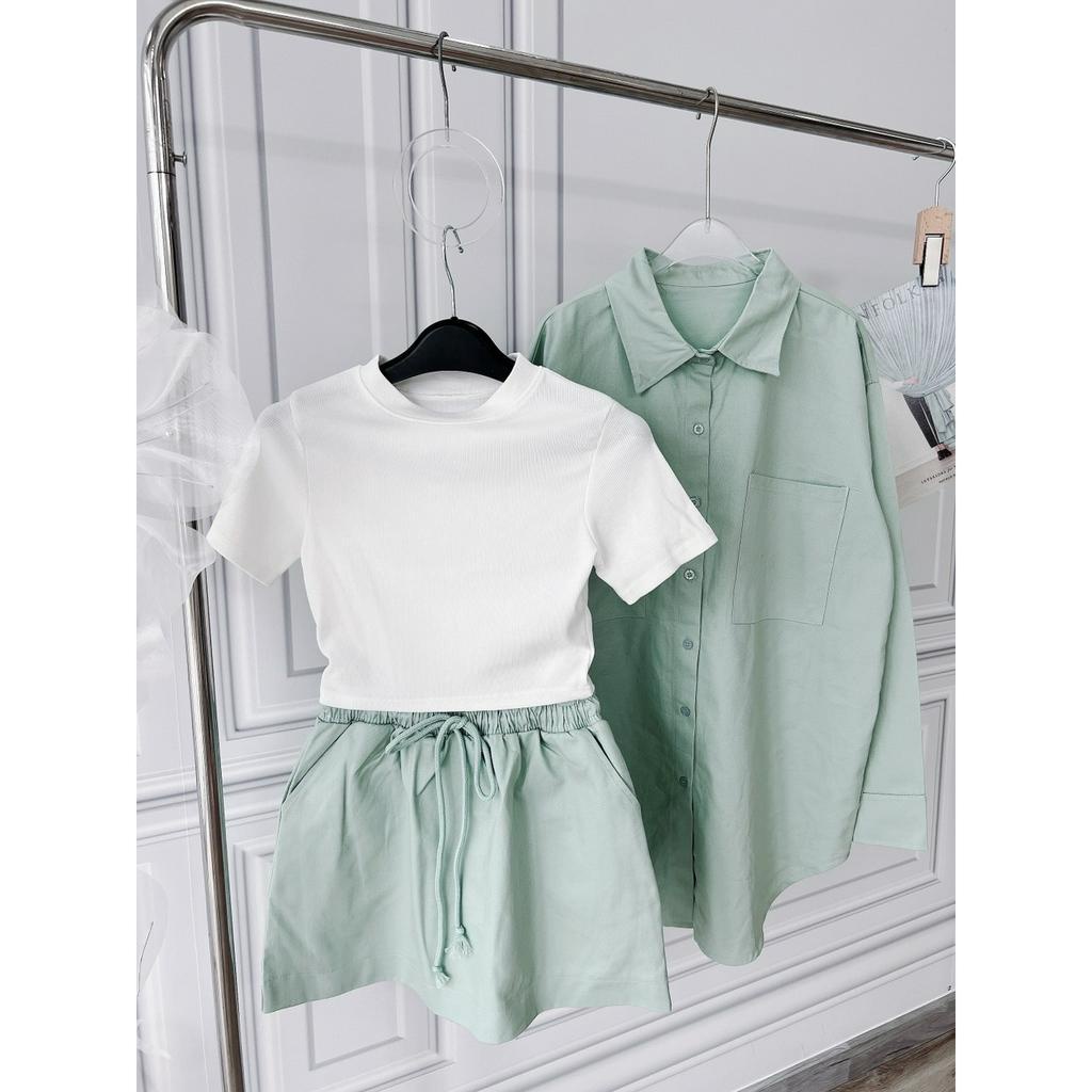 SET 3 MÓN XANH MINT: ÁO SƠ MI XANH + ÁO TRẮNG + QUẦN SHORT LƯNG THUN RÚT DÂY (TH)