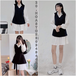 (kèm Belt) Set Yếm Gile Mix Sơ Mi Đuôi Cá Xếp Ly - Set Đồ Váy Sơ Mi Trắng Phối Yếm Đen 3 Món Tặng Dây Buộc Mặc 2 Kiểu