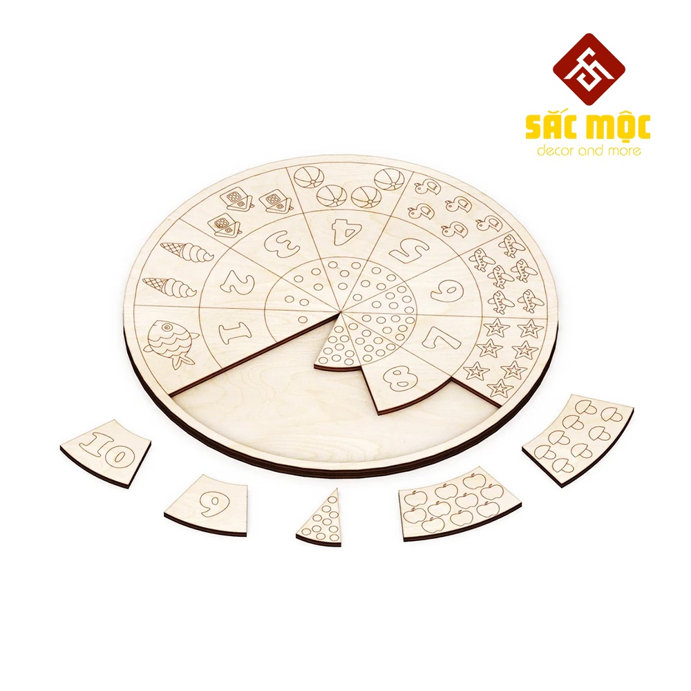 Bảng Ghép Số Học Đếm #55 Bằng Gỗ từ 1 đến 10 | Thẻ Ghép Tô Màu Size 200*200*6mm