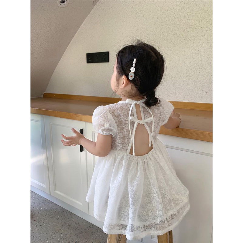 Đầm Công Chúa Tay Ngắn Phồng Màu Trắng Trơn Thời Trang Mùa Hè Hàn Quốc Mới Dành Cho Bạn Gái