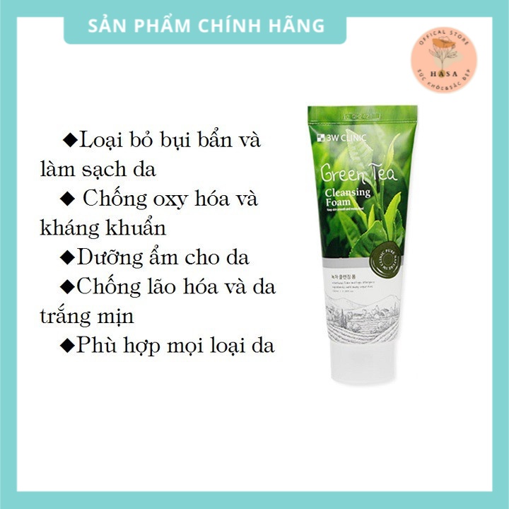 Sữa rửa mặt trà xanh 3W Clinic Green Tea Cleasing Foam 100ml,làm sạch da, trắng sáng tự nhiên - HASA.SHOP