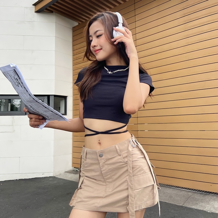 Áo croptop nữ body ngắn tay TOPTIFY kiểu khoét lưng cột dây đan Lillian Top AC56