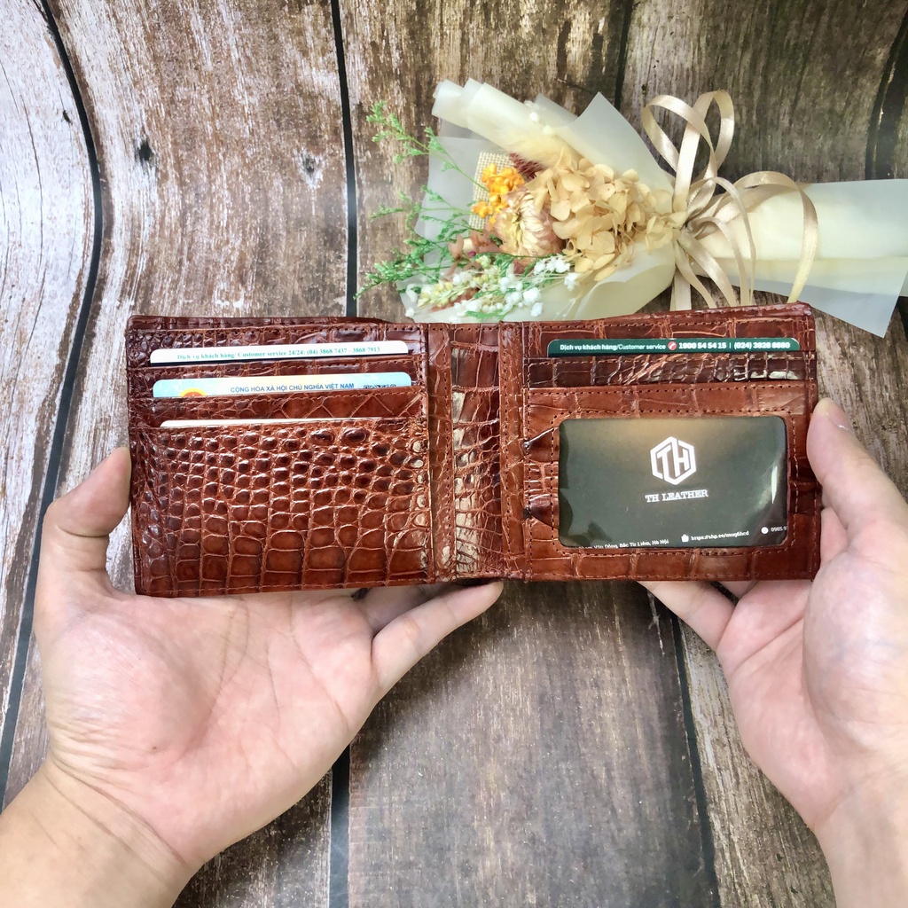 Ví Da Tay Cá Sấu 2 Mặt, Bóp Nam Da Cá Sấu Thật Màu Nâu Đỏ, Da Cá Sấu Đúng Tuổi Siêu Mềm, Kiểu Dáng Ngang, BH 24 tháng