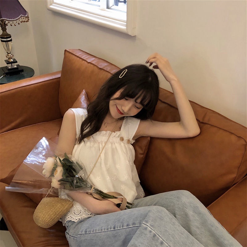 IELGY    Áo Hai Dây Mỏng Cổ Vuông Thêu Họa Tiết Thời Trang Cho Nữ