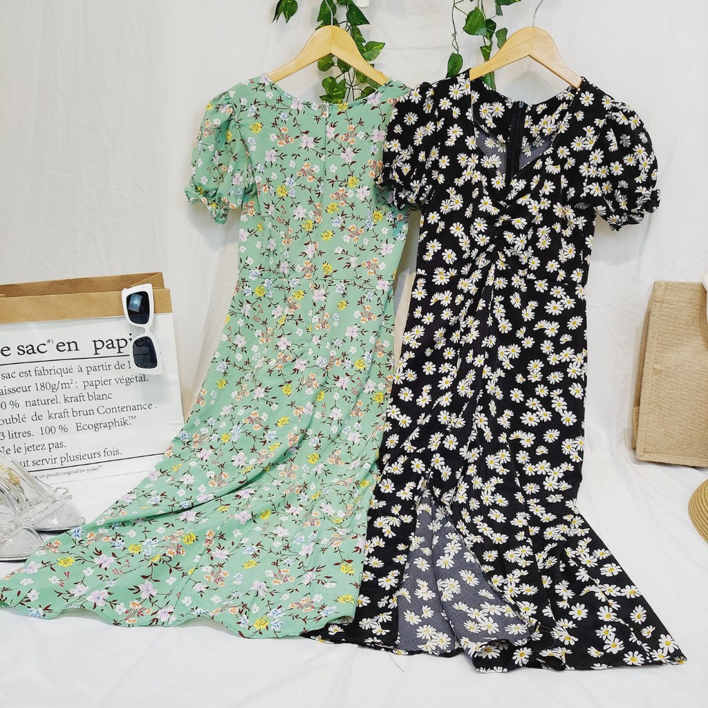 Váy hoa cúc nhí vintage xẻ tà,váy cúc họa mi xinh xắn