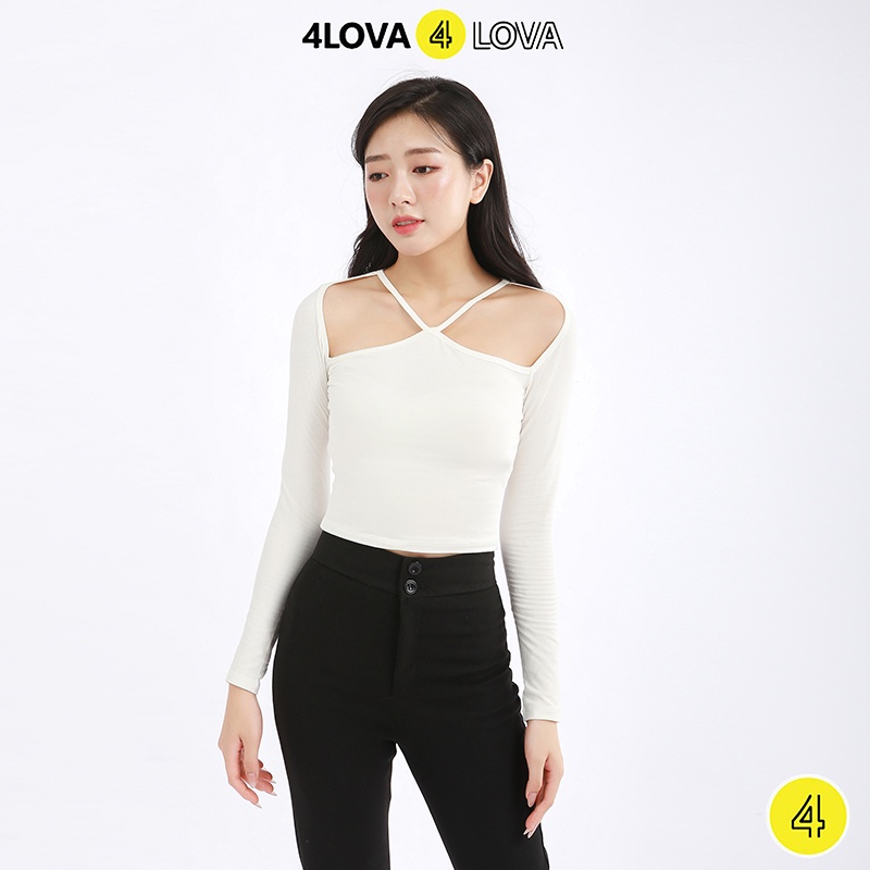 Áo thun nữ croptop trơn tay dài kiểu yếm hở vai dây chéo ngực 4LOVA