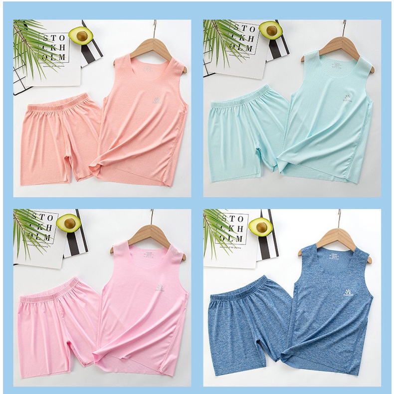Bộ Đồ Ngủ Áo Sát Nách Phối Quần Short Vải Lụa Lạnh Co Giãn Tốt 90-170cm Cho Bé