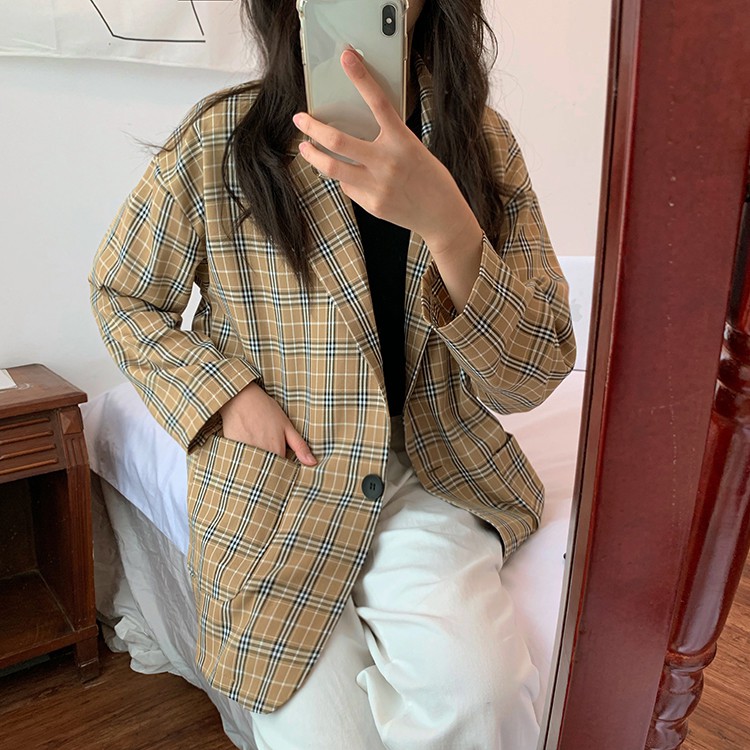[CÓ SẴN] Áo khoác blazer nữ kẻ caro form rộng dài tay phong cách Hàn Quốc ulzzang | BigBuy360 - bigbuy360.vn
