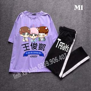 Set áo quần tfboys, set áo thun tím + quần kẻ sọc tfboys
