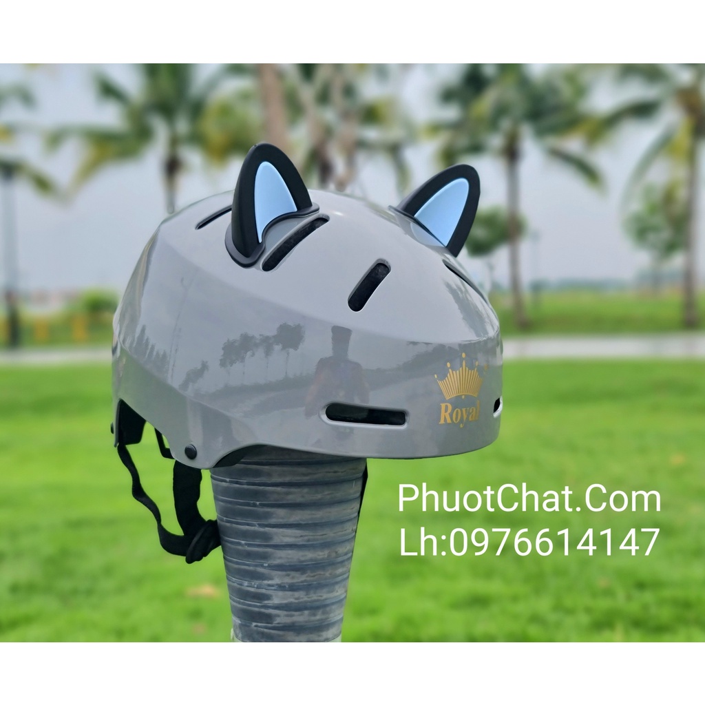 Combo Nón bảo hiểm Royal MD17 màu xám gắn tai mèo Đen - xanh