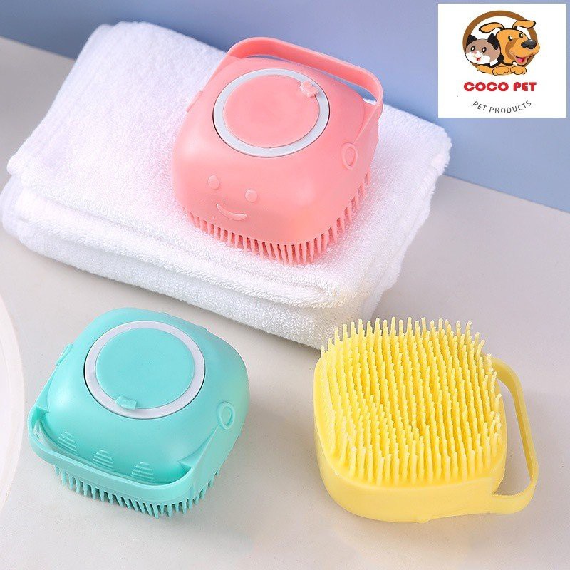 Bàn Chải Tắm/Bông Tắm Silicon Tạo Bọt Matxa Cho Chó Mèo có Chỗ Đựng Sữa Tắm hihapet