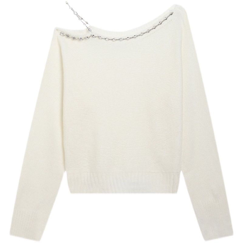 New fall fashion style beaded off-the-shoulder knitted top