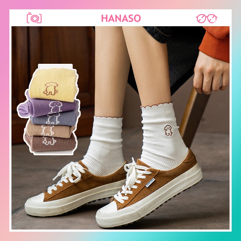 Tất lolita nữ cổ bèo nhún thêu hình cún hoạt hình dễ thương vớ cổ cao phong cách vintage hot hit giới trẻ HANASO TD032