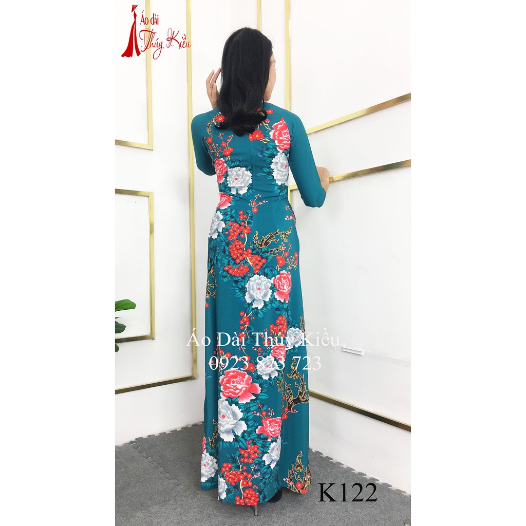 Áo dài lụa nhật 3D xanh rêu đậm hoa đào, mẫu đơn K122 ❤️FREESHIP❤️ mềm mại, co giãn, thấm hút mồ hôi