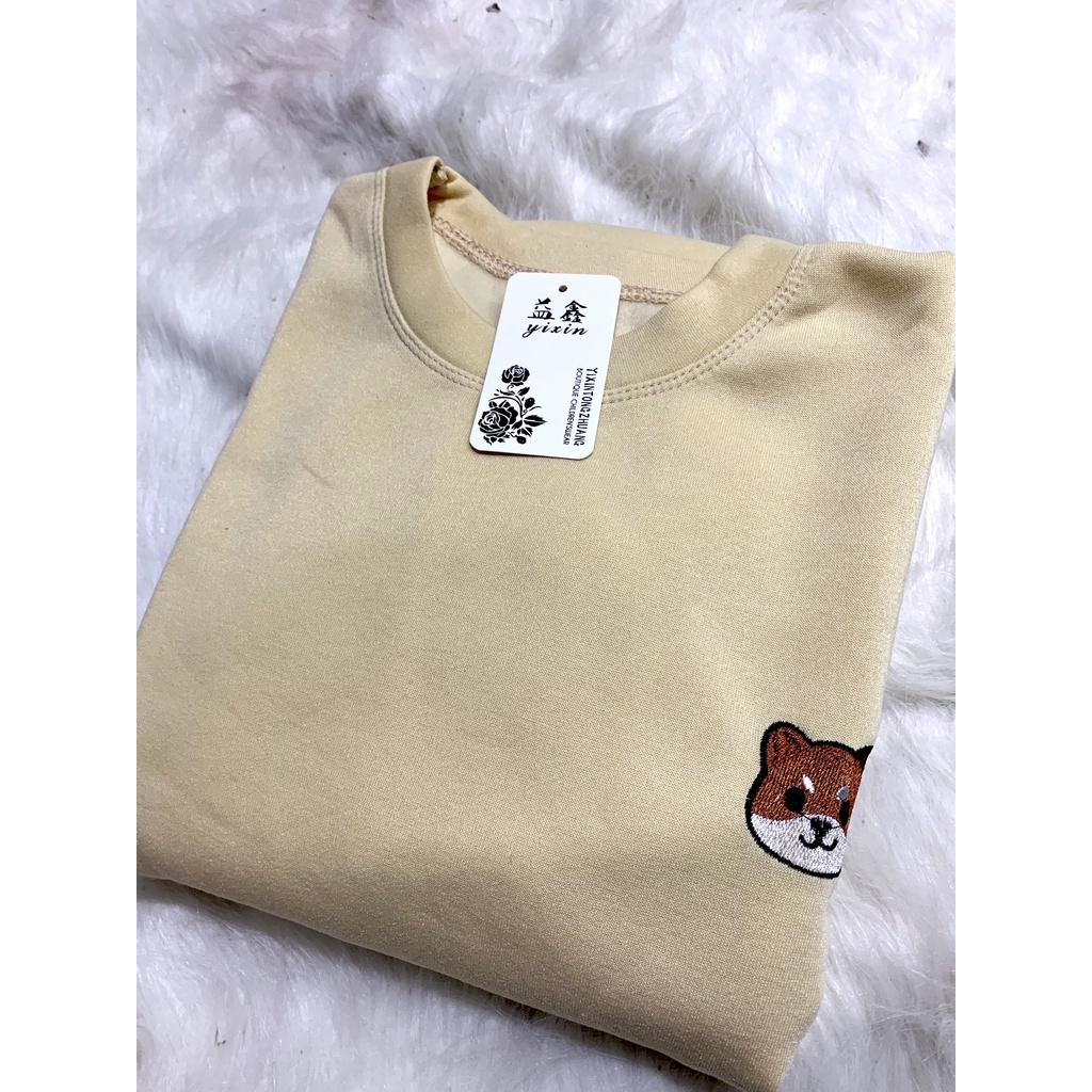 Set nỉ thêu chó shiba dài tay nữ - Bộ đồ ngủ quần ống bo gấu kèm áo sweater màu trắng, nâu mặc ở nhà đẹp HOT