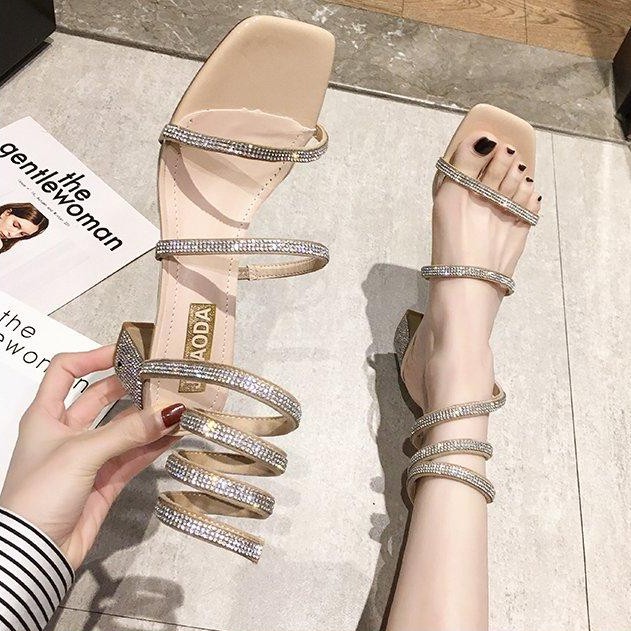 Sandal chiến binh quai đính đá gót vuông 6p - MS 66