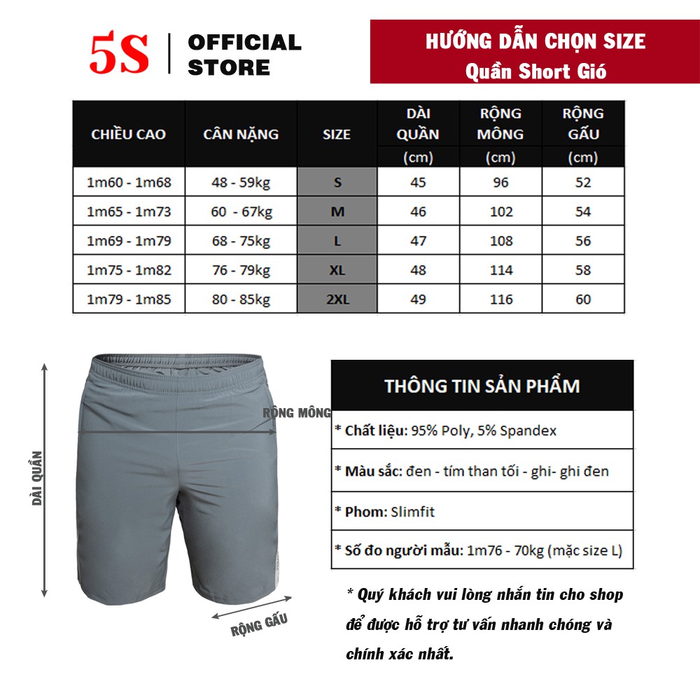 Quần Short Nam Thể Thao 5S (5 màu) Vải Gió Mềm, Siêu Nhẹ, Dáng Thể Thao, Thiết Kế Trẻ Trung Năng Động (QSG21007S1-N2) | BigBuy360 - bigbuy360.vn