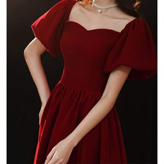 VÁY NHUNG CỔ VUÔNG TAY BỒNG VINTAGE(có ảnh thật)