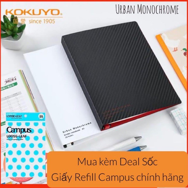 Sổ còng nhựa A5 B5 Campus Kokuyo 26 lỗ Urban monochrome gồm 80 trang giấy và 5 tab màu phong cách tối giản minialism J80